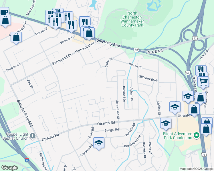 map of restaurants, bars, coffee shops, grocery stores, and more near 2432 Stadium Drive in North Charleston
