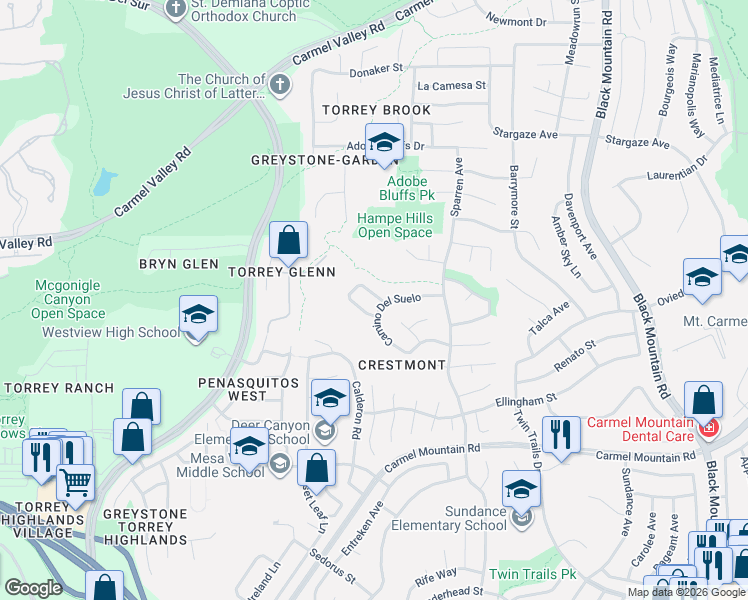 map of restaurants, bars, coffee shops, grocery stores, and more near 8538 Clatsop Lane in San Diego