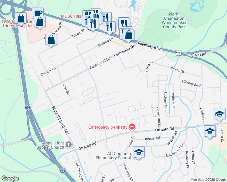 map of restaurants, bars, coffee shops, grocery stores, and more near 2717 Wheaton Street in North Charleston
