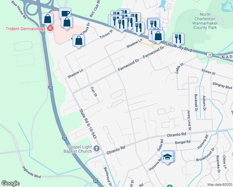 map of restaurants, bars, coffee shops, grocery stores, and more near 2890 Salamander Creek Lane in North Charleston