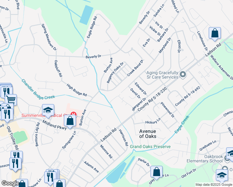 map of restaurants, bars, coffee shops, grocery stores, and more near 1046 Lexi Court in Ladson