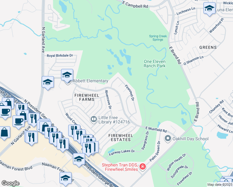map of restaurants, bars, coffee shops, grocery stores, and more near 113 Fall Creek Court in Garland
