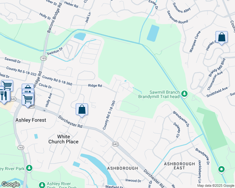map of restaurants, bars, coffee shops, grocery stores, and more near 184 Shady Lane in Summerville