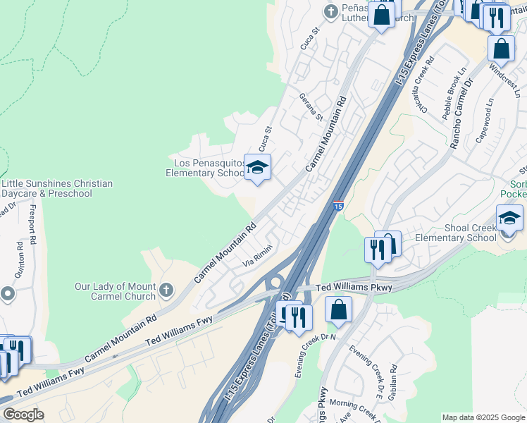 map of restaurants, bars, coffee shops, grocery stores, and more near Carmel Mountain Road & Via San Marco in San Diego