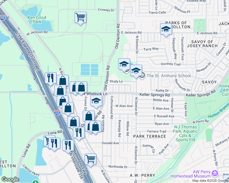 map of restaurants, bars, coffee shops, grocery stores, and more near 2000 Cottonwood Road in Carrollton