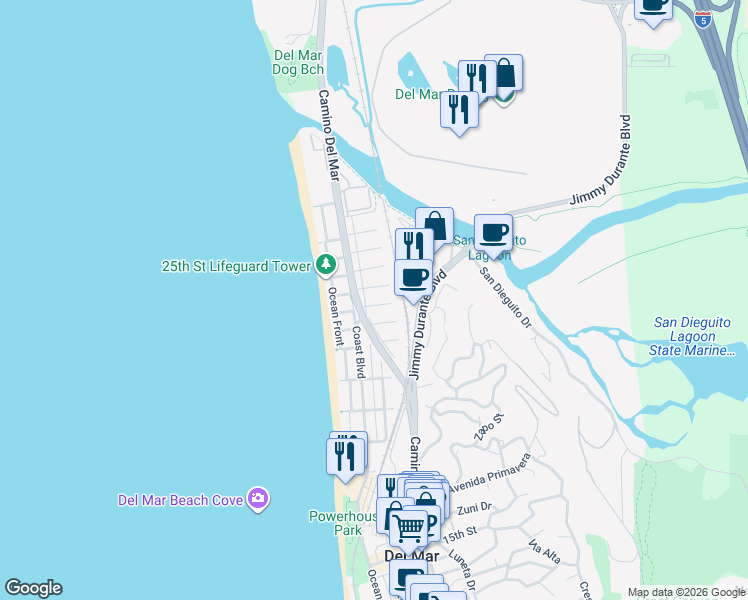 map of restaurants, bars, coffee shops, grocery stores, and more near 226 23rd Street in Del Mar
