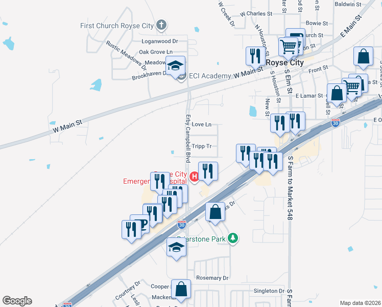 map of restaurants, bars, coffee shops, grocery stores, and more near 620 Dyann Drive in Royse City