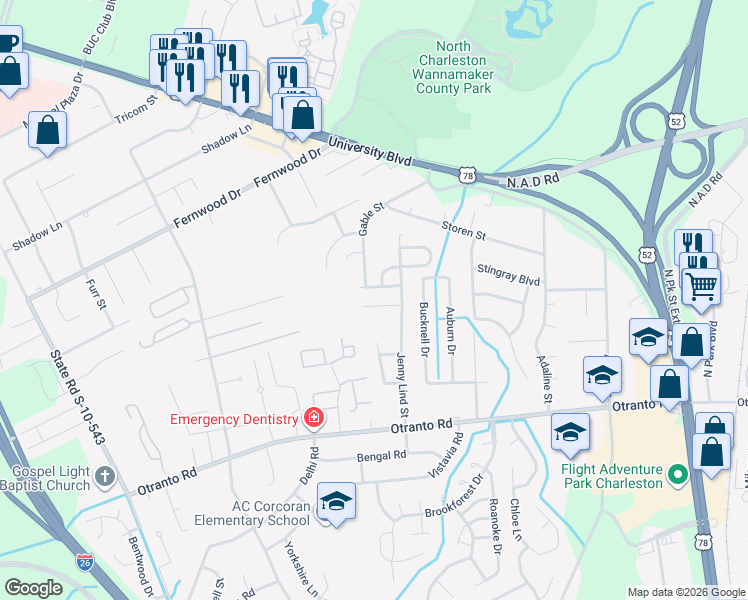 map of restaurants, bars, coffee shops, grocery stores, and more near 2432 Stadium Drive in North Charleston