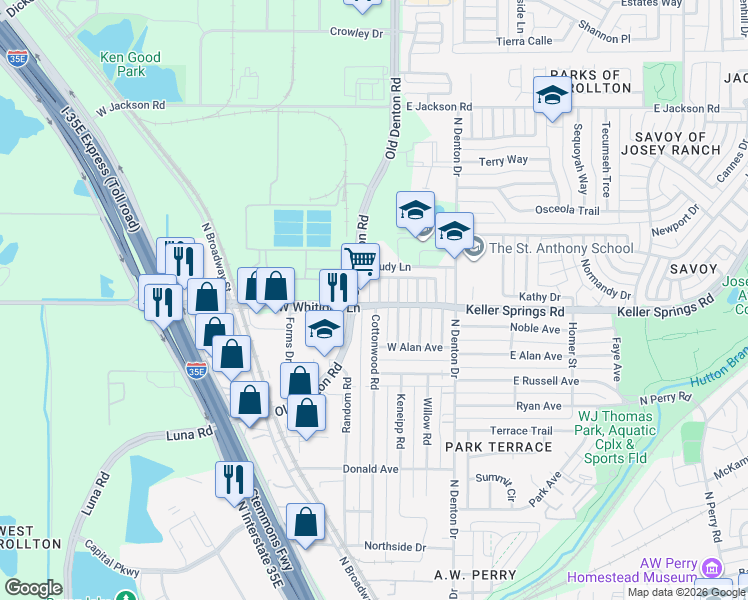 map of restaurants, bars, coffee shops, grocery stores, and more near 2000 Cottonwood Road in Carrollton
