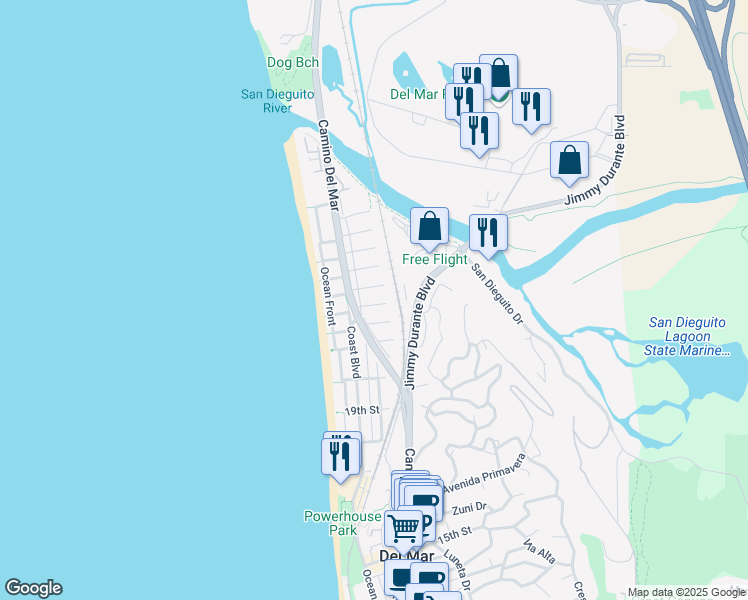 map of restaurants, bars, coffee shops, grocery stores, and more near 238 23rd Street in Del Mar