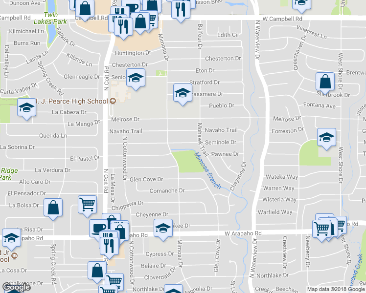 map of restaurants, bars, coffee shops, grocery stores, and more near 1235 Seminole Drive in Richardson