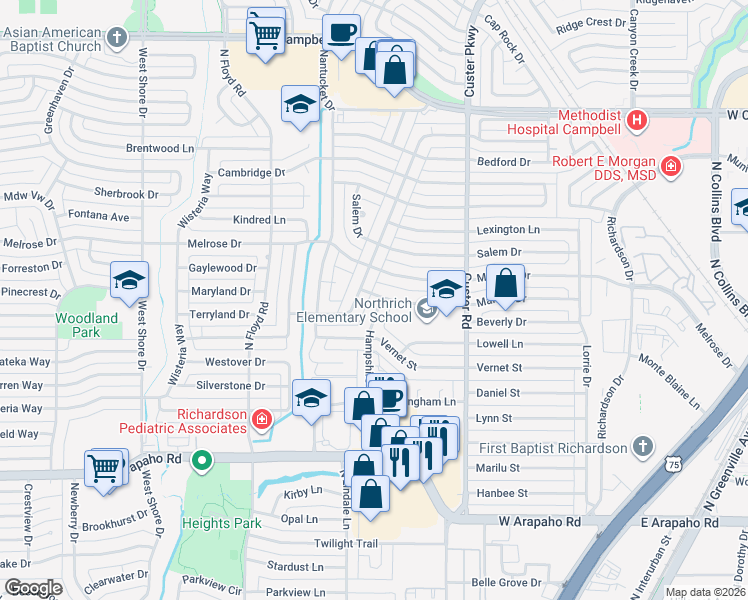 map of restaurants, bars, coffee shops, grocery stores, and more near 1313 Hampshire Lane in Richardson