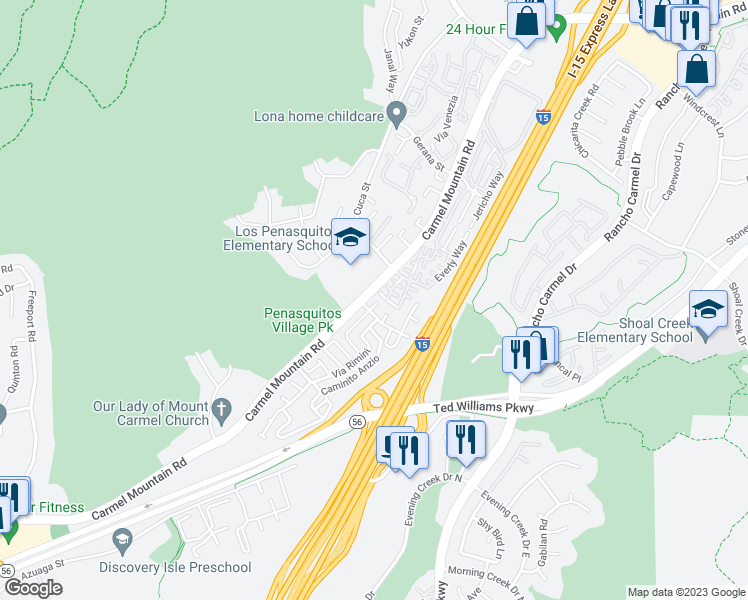 map of restaurants, bars, coffee shops, grocery stores, and more near 11008 Via San Marco in San Diego