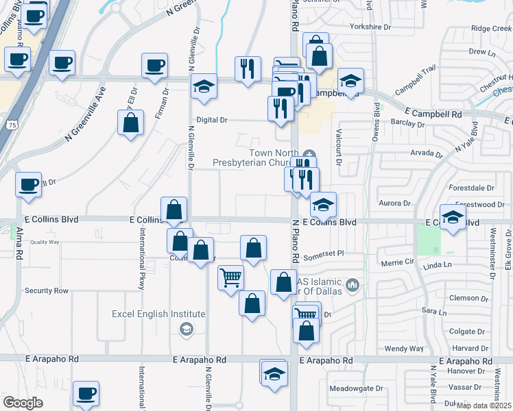 map of restaurants, bars, coffee shops, grocery stores, and more near 1301 East Collins Boulevard in Richardson