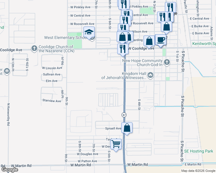map of restaurants, bars, coffee shops, grocery stores, and more near 606 W Verde Ln in Coolidge