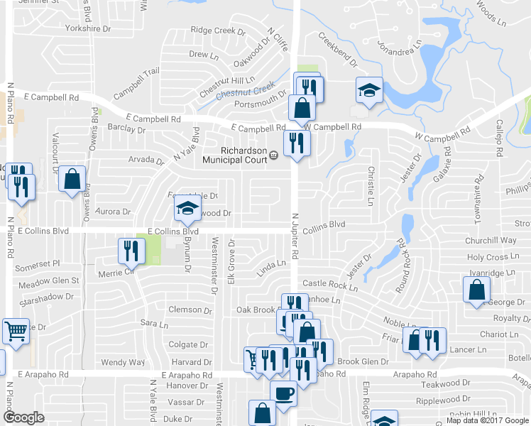 map of restaurants, bars, coffee shops, grocery stores, and more near 2015 Forestwood Drive in Richardson
