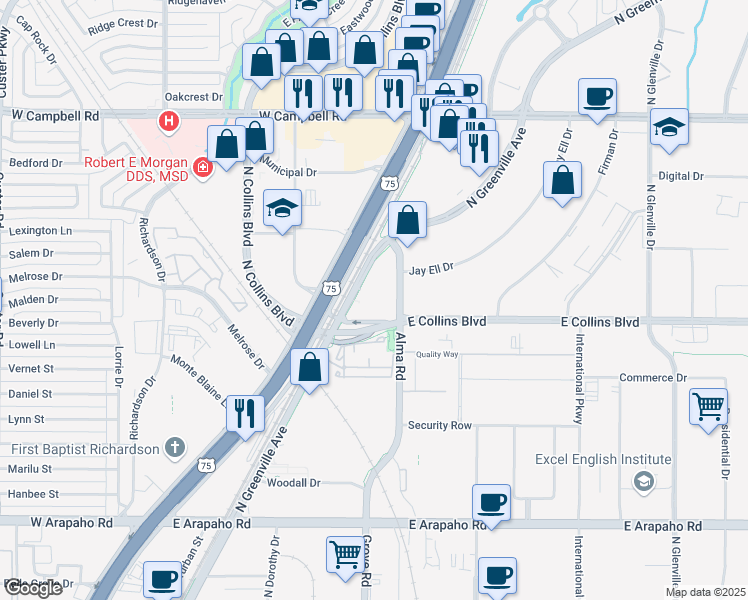 map of restaurants, bars, coffee shops, grocery stores, and more near 1500 North Greenville Avenue in Richardson