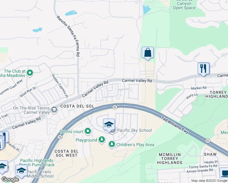 map of restaurants, bars, coffee shops, grocery stores, and more near Dondero Place in San Diego