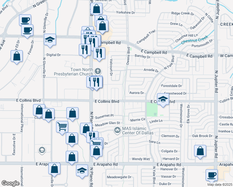 map of restaurants, bars, coffee shops, grocery stores, and more near 1604 Montclair Drive in Richardson
