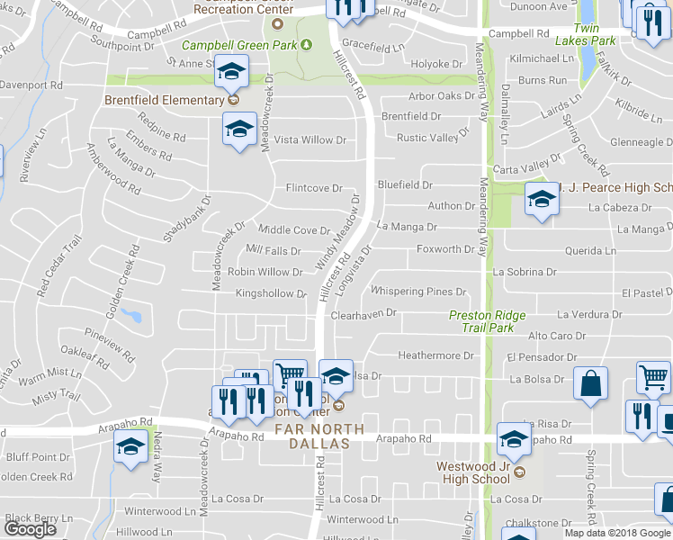 map of restaurants, bars, coffee shops, grocery stores, and more near 15990 Hillcrest Road in Dallas