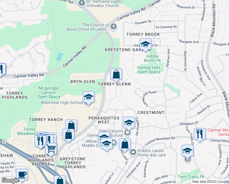 map of restaurants, bars, coffee shops, grocery stores, and more near 13748 Torrey Glenn Road in San Diego