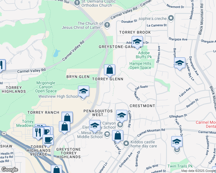 map of restaurants, bars, coffee shops, grocery stores, and more near 13748 Torrey Glenn Road in San Diego