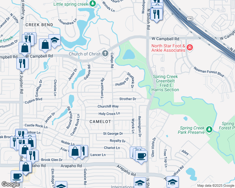 map of restaurants, bars, coffee shops, grocery stores, and more near 2709 Strother Drive in Garland