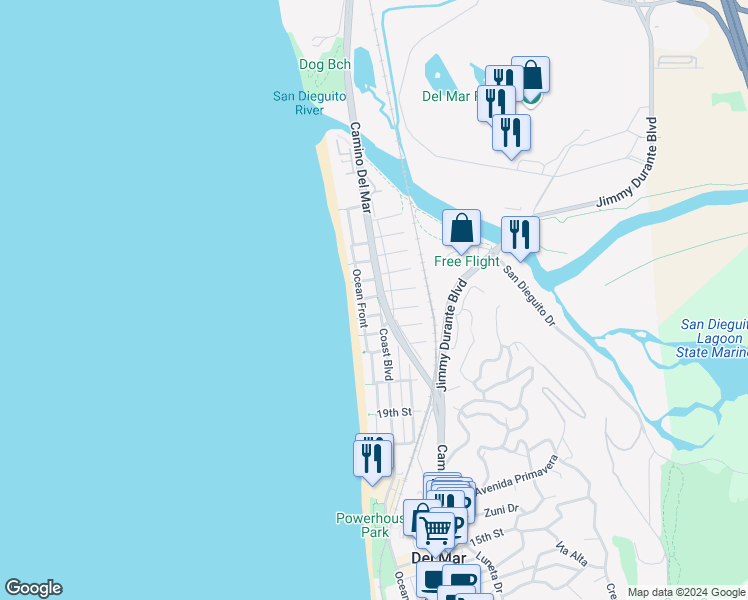 map of restaurants, bars, coffee shops, grocery stores, and more near 145 24th Street in Del Mar