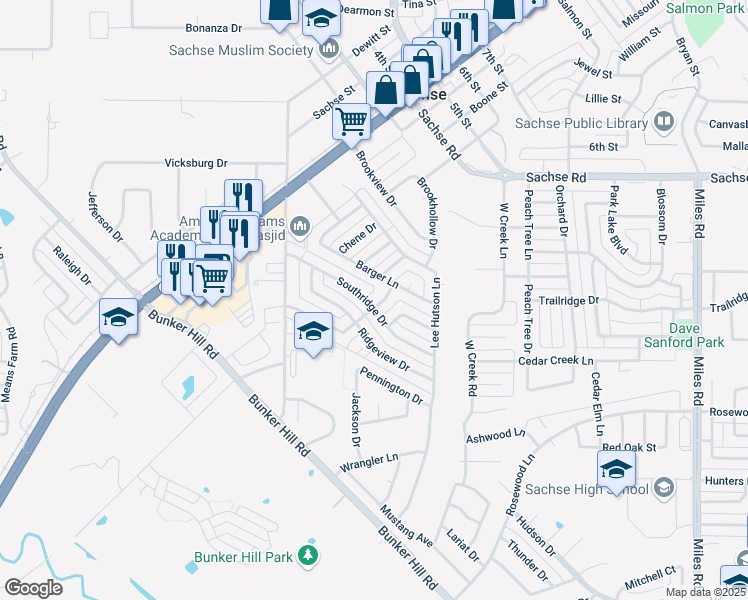 map of restaurants, bars, coffee shops, grocery stores, and more near 5203 Highridge Drive in Sachse