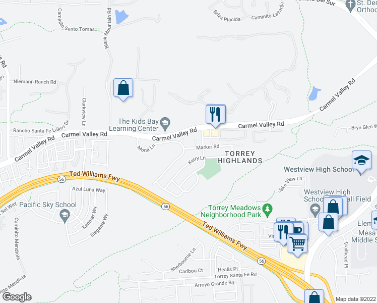 map of restaurants, bars, coffee shops, grocery stores, and more near 7576 Mona Lane in San Diego
