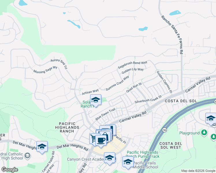 map of restaurants, bars, coffee shops, grocery stores, and more near 6207 Sunrose Crest Way in San Diego