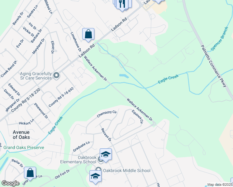 map of restaurants, bars, coffee shops, grocery stores, and more near 107 Alumni Court in Ladson