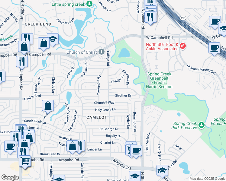 map of restaurants, bars, coffee shops, grocery stores, and more near 2709 Strother Drive in Garland