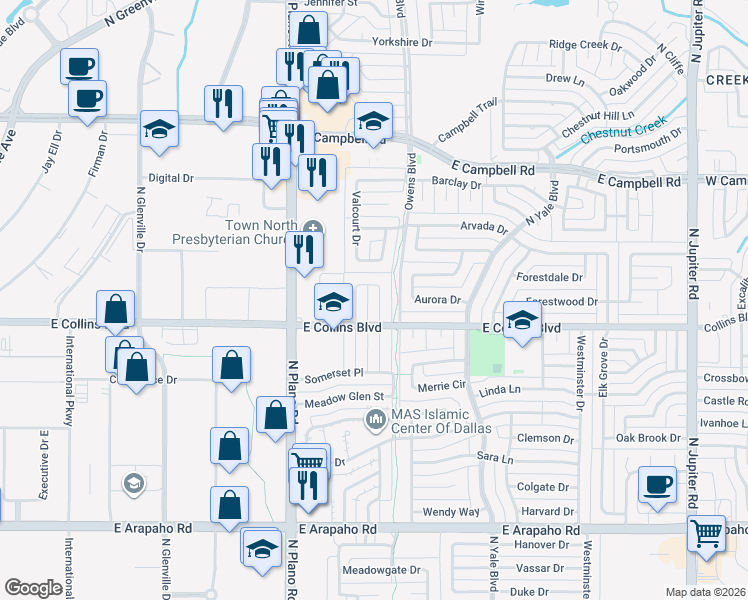 map of restaurants, bars, coffee shops, grocery stores, and more near 1604 Montclair Drive in Richardson