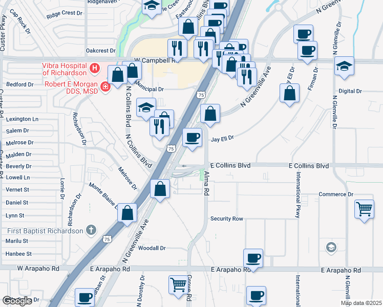 map of restaurants, bars, coffee shops, grocery stores, and more near 1701 North Greenville Avenue in Richardson