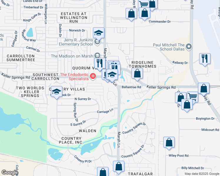 map of restaurants, bars, coffee shops, grocery stores, and more near 2121 Marsh Lane in Carrollton