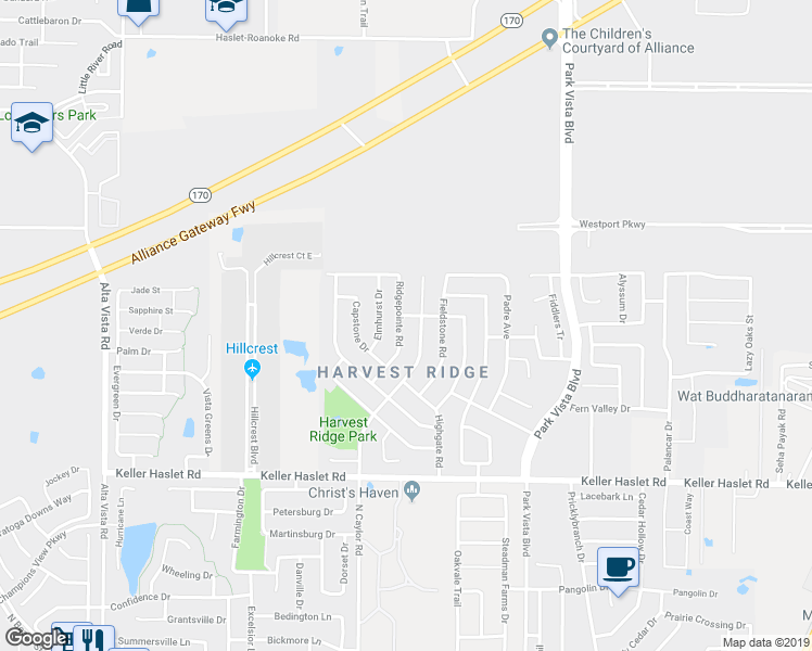 map of restaurants, bars, coffee shops, grocery stores, and more near 13221 Harvest Ridge Road in Fort Worth