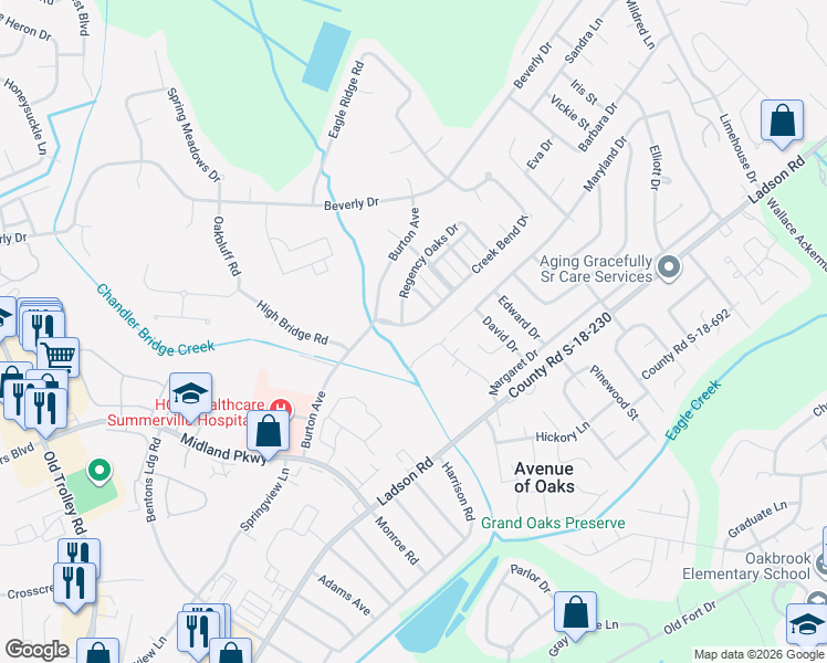 map of restaurants, bars, coffee shops, grocery stores, and more near 24 Creek Bend Dr in Summerville