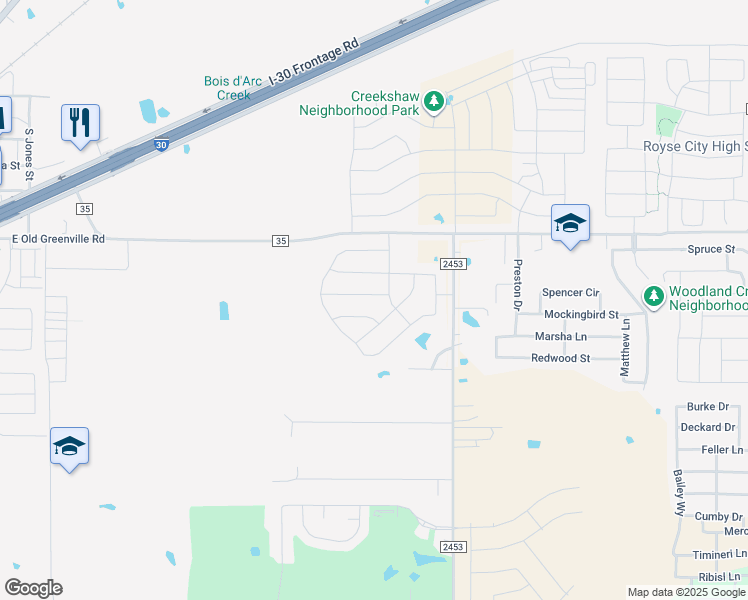 map of restaurants, bars, coffee shops, grocery stores, and more near 334 Sweetspire Drive in Royse City