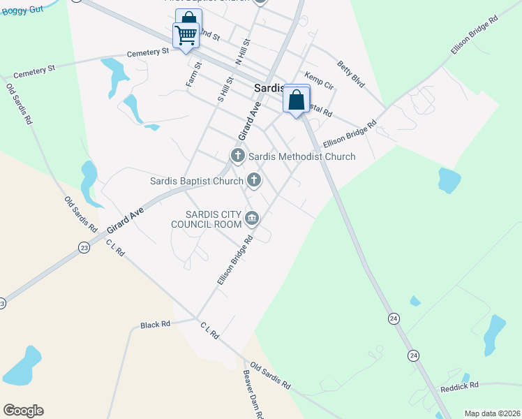 map of restaurants, bars, coffee shops, grocery stores, and more near 1118 Ellison Bridge Road in Sardis