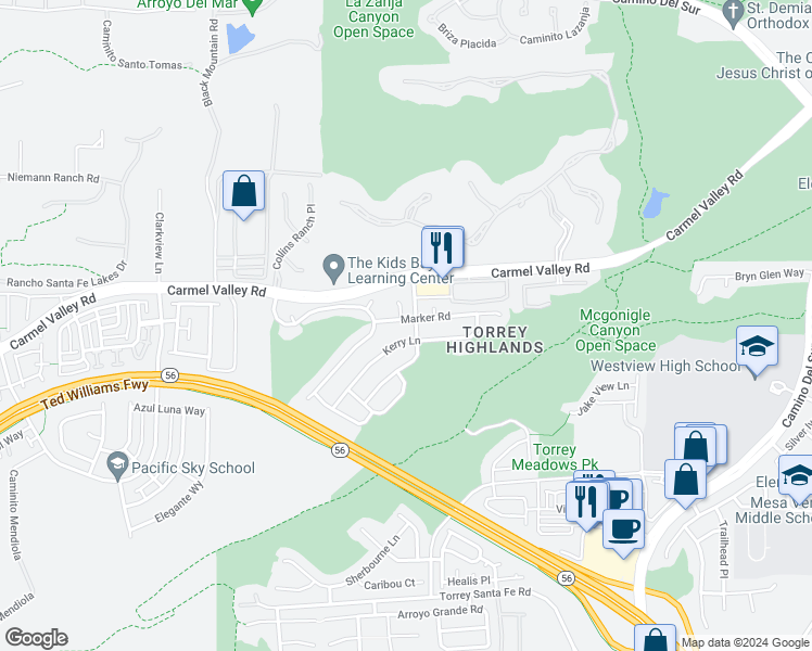 map of restaurants, bars, coffee shops, grocery stores, and more near 7635 Marker Road in San Diego