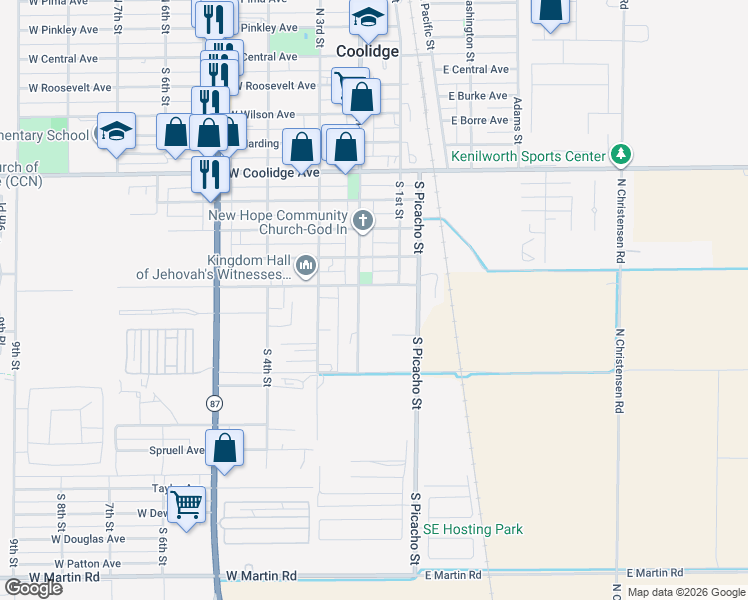 map of restaurants, bars, coffee shops, grocery stores, and more near 925 South Main Street in Coolidge