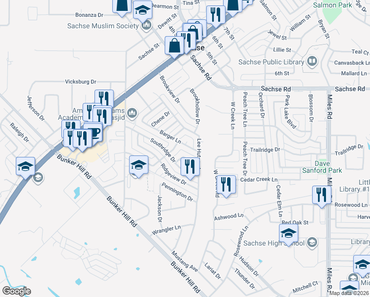 map of restaurants, bars, coffee shops, grocery stores, and more near 2715 Granite Avenue in Sachse