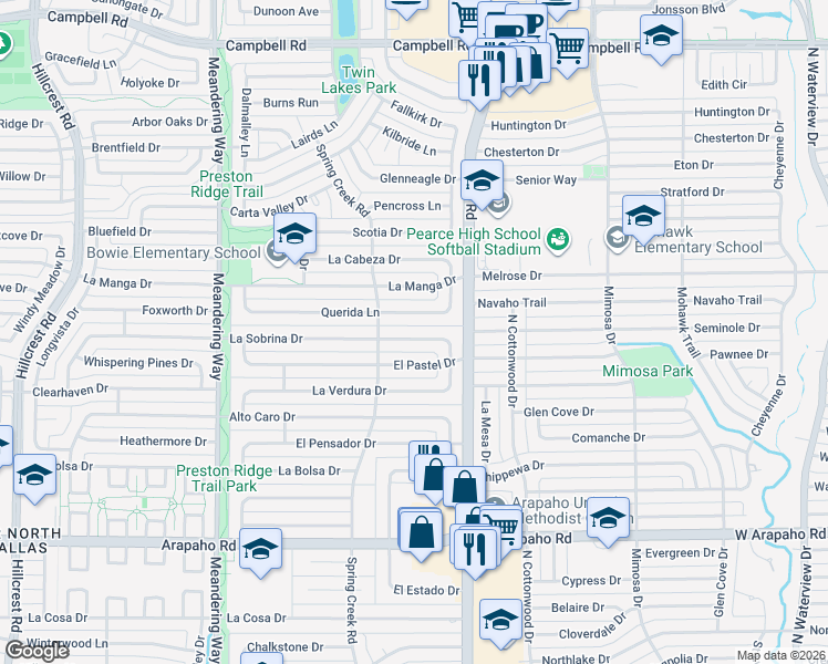 map of restaurants, bars, coffee shops, grocery stores, and more near 7830 La Sobrina Drive in Dallas