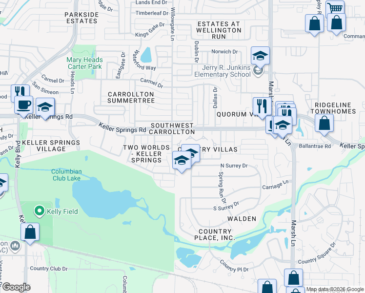 map of restaurants, bars, coffee shops, grocery stores, and more near 2108 Willowgate Lane in Carrollton