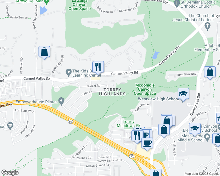 map of restaurants, bars, coffee shops, grocery stores, and more near 13941 Kerry Lane in San Diego