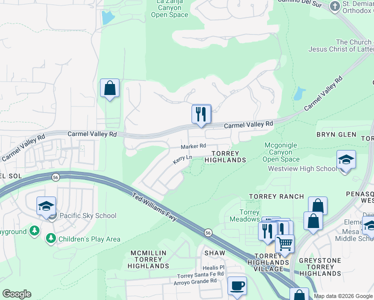 map of restaurants, bars, coffee shops, grocery stores, and more near 13858 Kerry Lane in San Diego