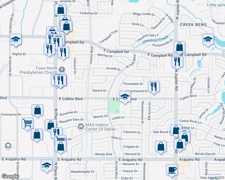 map of restaurants, bars, coffee shops, grocery stores, and more near 1605 Richforest Drive in Richardson