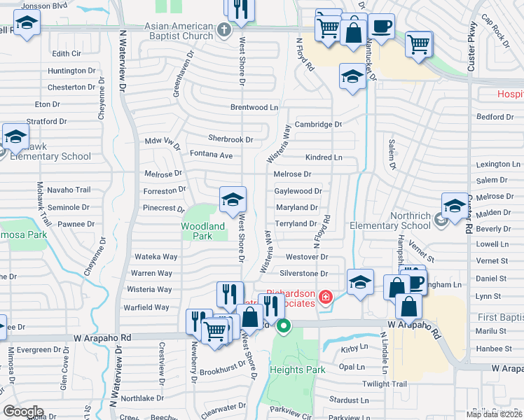 map of restaurants, bars, coffee shops, grocery stores, and more near 1313 Wisteria Way in Richardson