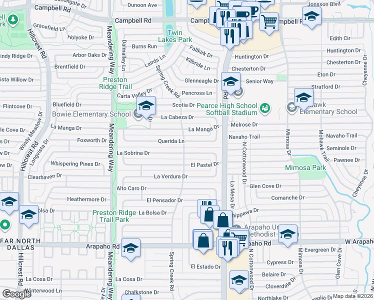map of restaurants, bars, coffee shops, grocery stores, and more near 7776 La Sobrina Dr in Dallas